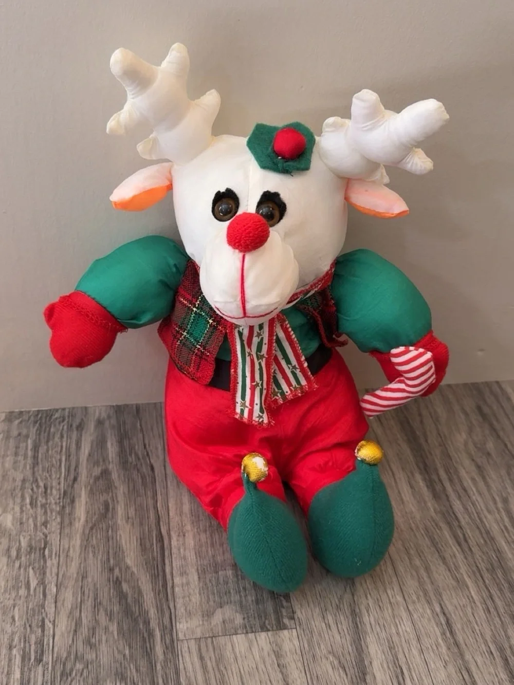 Vintage Soft Things White Reindeer Christmas Nylon Puffalump Style Plush 1990s